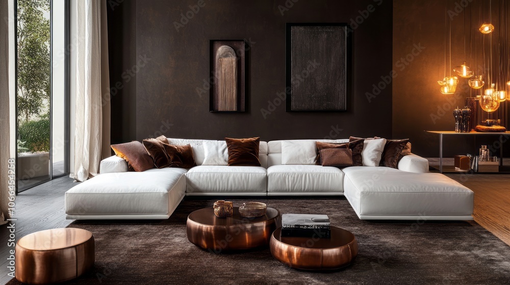 Modern Living Room with White Sectional Sofa, Copper Coffee Tables, and Artwork