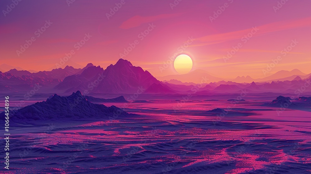 Vibrant Sunset Over Purple Mountains: A Serene Desert Landscape Vibrant Sunset Over Purple Mountains: A Serene Desert Landscape