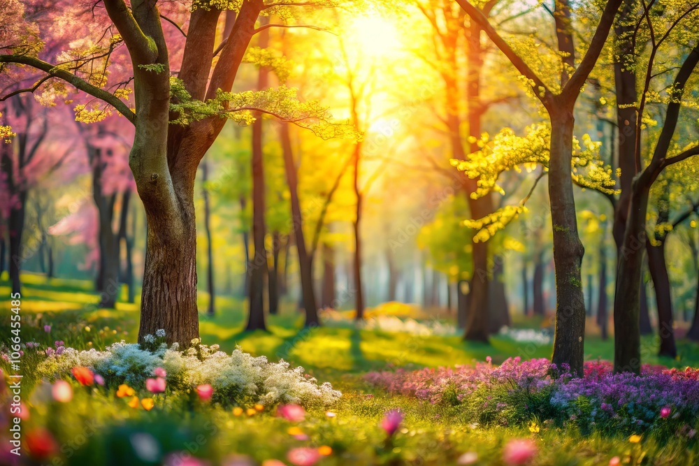 A Vivid Tilt-Shift Perspective of a Colorful Spring Forest Bursting with Blossoms, Lush Greenery, and Sunlight Filtering Through the Canopy for Nature Enthusiasts and Photographers A Vivid Tilt-Shift Perspective of a Colorful Spring Forest Bursting with Blossoms, Lush Greenery, and Sunlight Filtering Through the Canopy for Nature Enthusiasts and Photographers