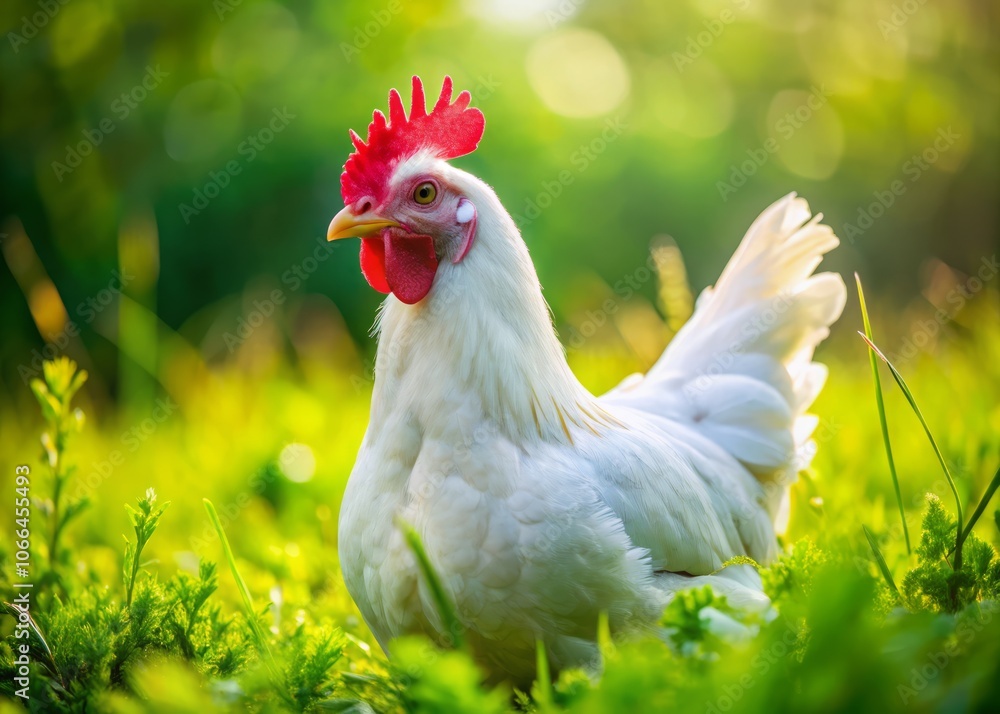 Fototapeta premium A White Chicken Grazing in a Lush Green Landscape, Captured Up Close, Showcasing its Feathers Against a Vibrant Green Background, Perfect for Nature and Wildlife Photography Enthusiasts