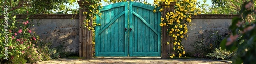 Garden gate with teal trellis, adorned with climbing yellow jasmine.