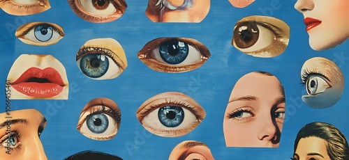collage of various eyes, mouths, and ears in black and white on a blue background