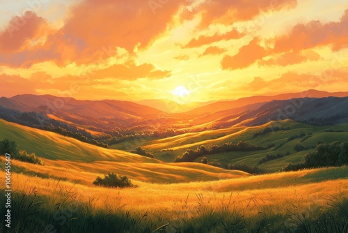 A breathtaking sunset paints the sky over rolling green hills and a vast golden field.