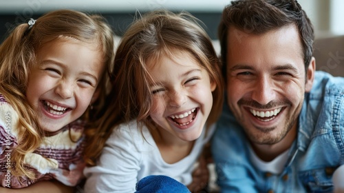 A candid family studio portrait capturing a moment of laughter between parents and children