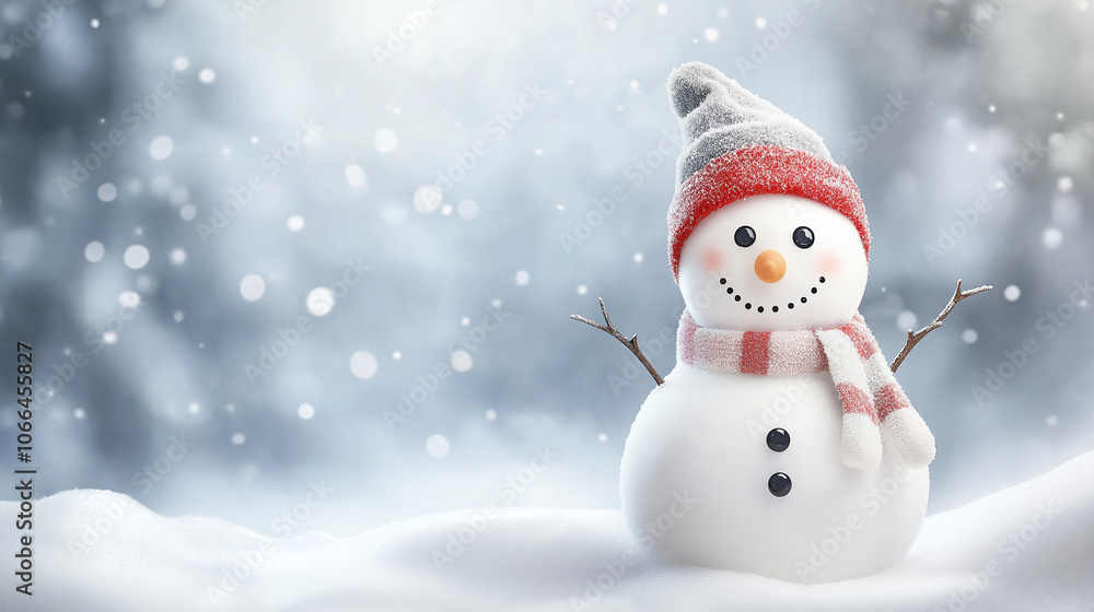 Happy snowman in winter scenery