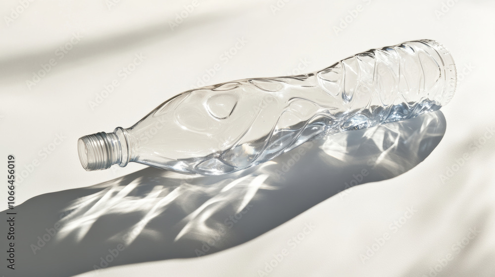 discarded plastic water bottle casts long shadow on white surface discarded plastic water bottle casts long shadow on white surface