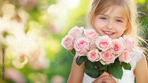 Happy young girl holding a big bouquet of pink roses