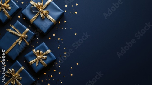 A beautiful arrangement of dark blue gift boxes adorned with gold ribbons, alongside scattered golden stars on a dark background.