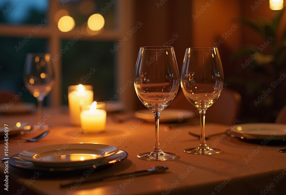 Romantic candlelit dinner setting with wine glasses and soft amber glow in an intimate restaurant
