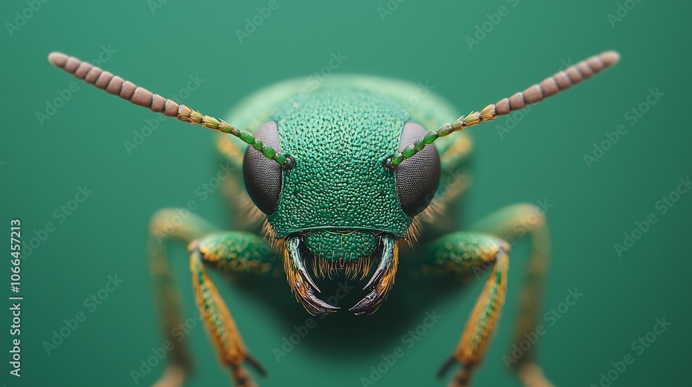 Fototapeta premium A vivid close-up of a green insect, showcasing its textured body and prominent features against a green background.
