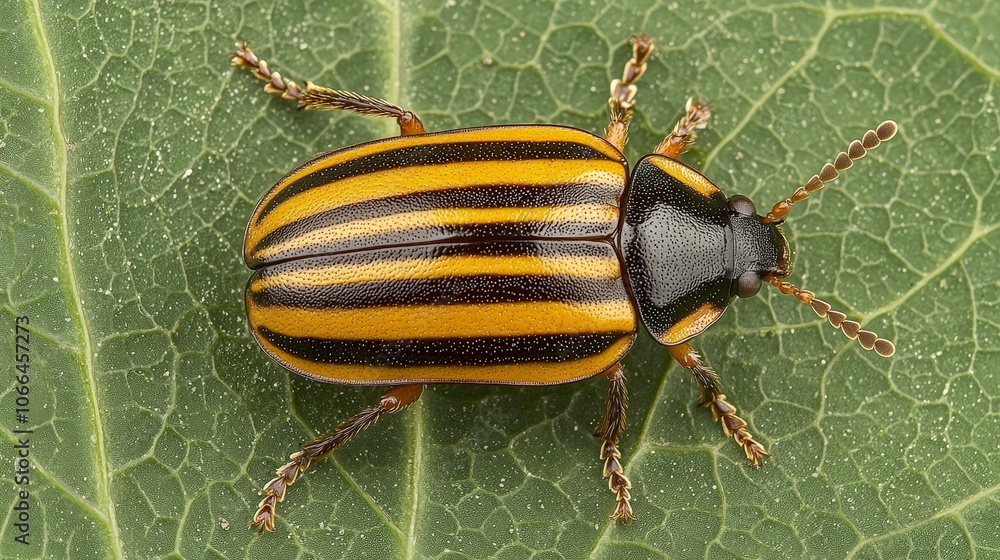 Fototapeta premium A striped beetle perched on a green leaf, showcasing vibrant yellow and black colors, highlighting its distinct features and texture.