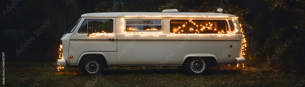 White Van Decorated with String Lights in a Forest at Night White Van Decorated with String Lights in a Forest at Night