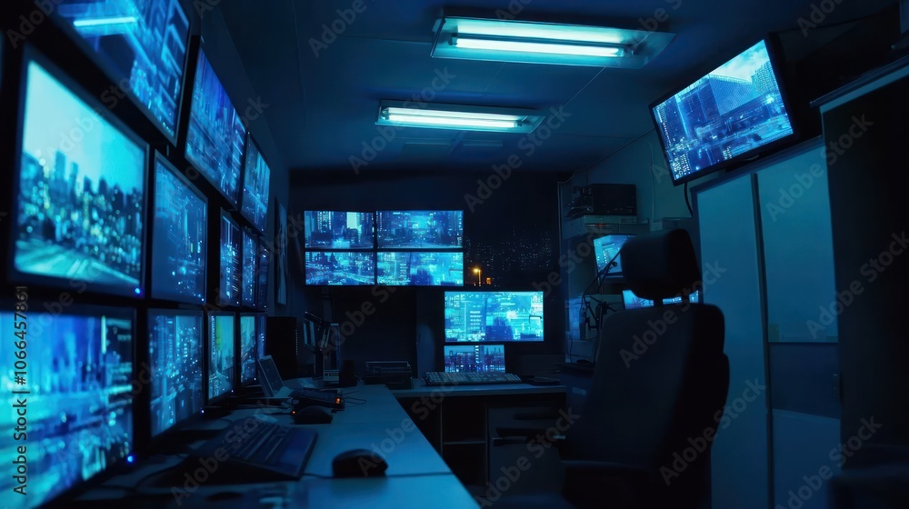 a CCTV monitor room during a night shift, with soft blue lighting illuminating the operator. a CCTV monitor room during a night shift, with soft blue lighting illuminating the operator.