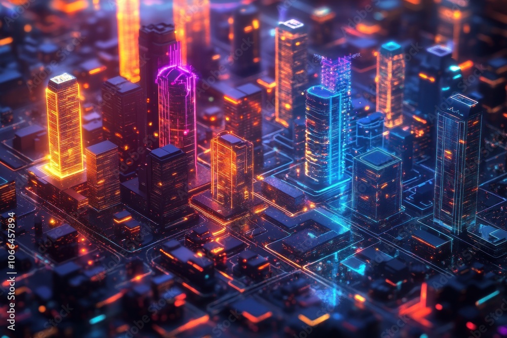 A futuristic city skyline with neon lights and glowing buildings. A futuristic city skyline with neon lights and glowing buildings.