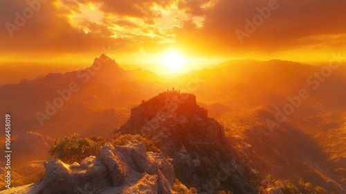 People stand atop a mountain peak, silhouetted against a vibrant orange sunset with a view of the rolling hills in the valley below. photo