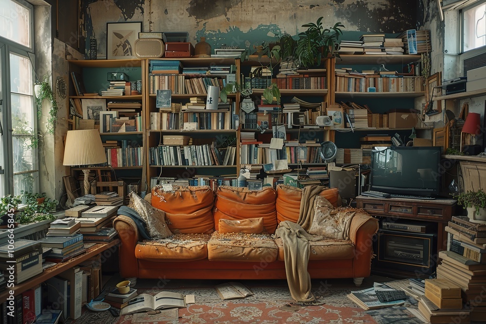 Fototapeta premium Clluttered living room with a sofa, TV is filled with books