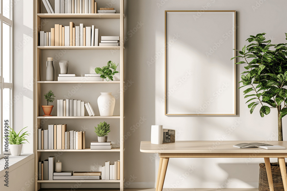 Minimalist home office interior with blank canvas frame mockup on the wall Minimalist home office interior with blank canvas frame mockup on the wall