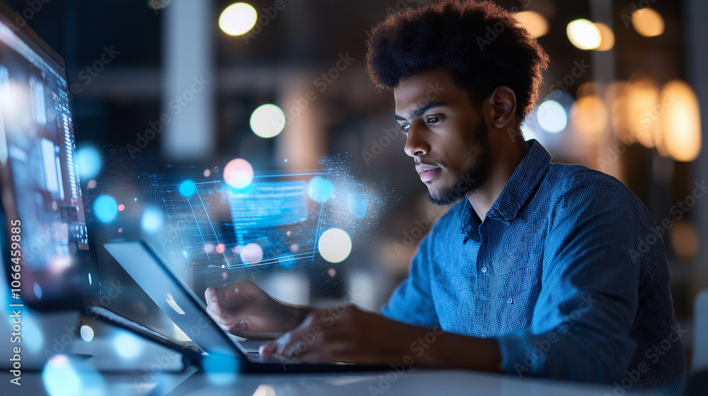 Shot of a young man using his digital tablet and computer in a modern office Shot of a young man using his digital tablet and computer in a modern office