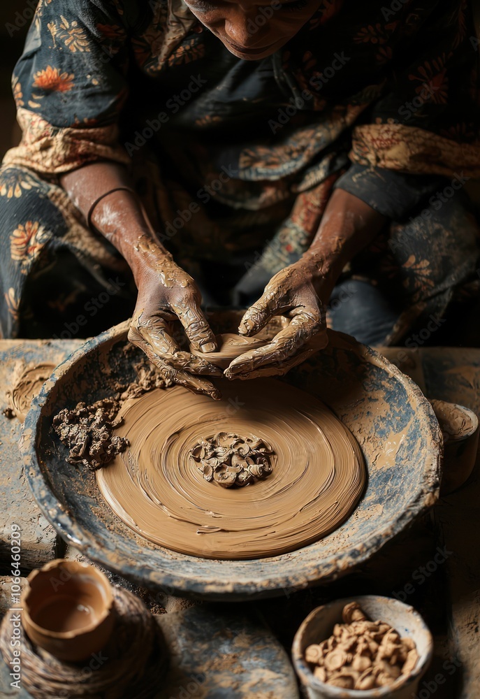 a clay maker using traditional hand-building techniques, such as coiling or pinching. Highlight the tactile nature of their work, with natural light illuminating the clay and tools. a clay maker using traditional hand-building techniques, such as coiling or pinching. Highlight the tactile nature of their work, with natural light illuminating the clay and tools.