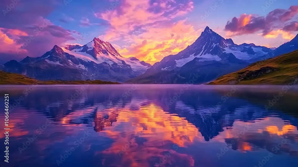 Obraz premium Mountain Range Reflected in Still Lake Water at Sunset