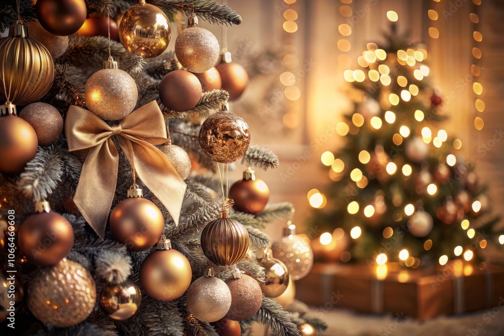 Beautifully Decorated Christmas Tree with Brown and Beige Ornaments and Bows Captured in Tilt-Shift Photography Style for a Magical Holiday Atmosphere Beautifully Decorated Christmas Tree with Brown and Beige Ornaments and Bows Captured in Tilt-Shift Photography Style for a Magical Holiday Atmosphere