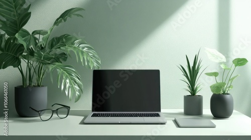 A minimalist office desk setup with laptop, glasses, and plants, ideal for website imagery related to productivity or workspace organization.