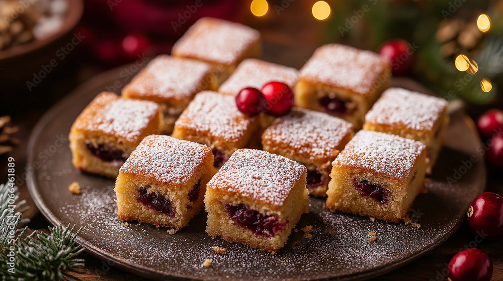 Squares of Christmas cake adorned with a cranberry. Space for text Squares of Christmas cake adorned with a cranberry. Space for text
