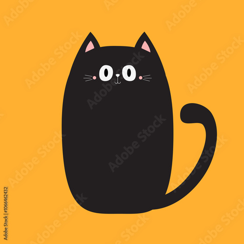 Cat sitting. Cute fat face head. Funny kitten. Black silhouette icon. Kawaii pet animal. Happy Halloween. Cartoon funny character. Childish style. Flat design. Yellow background. Isolated. Vector