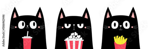 Black cat set. Soda, Popcorn, French fries. Kitten watching movie. Cute cartoon funny character. Cinema theater. Film show. Kids sticker print. Childish style. White background. Flat design. Vector