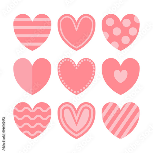 Pink heart icon set. Happy Valentines day. Cute polka dot, line pattern. Love sign symbol simple template. Greeting card. Decoration element. Square composition. Flat design. White background. Vector