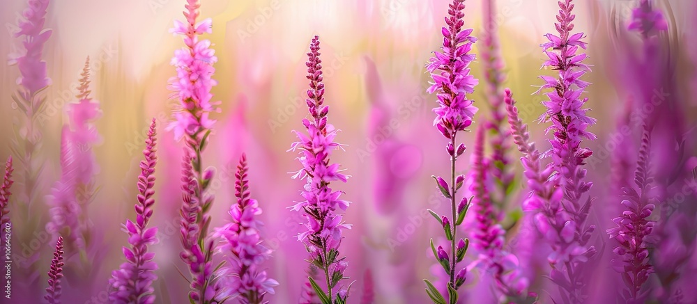 Fototapeta premium Horizontal purple loosestrife flowers categorized as Lythrum salicaria in the Lythraceae family are showcased in a copy space image