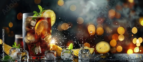 Kalimotxo or calimocho is a fizzy cocktail made with cola and wine incorporating ice cubes lemon and mint for a sweet sour and alcoholic drink ideal for your copy space image photo