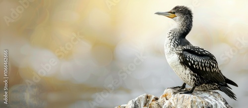 A Spotted Shag scientifically known as Parekareka Phalacrocorax punctatus perched on a rock with its head turned to the right set against a background with ample copy space image photo