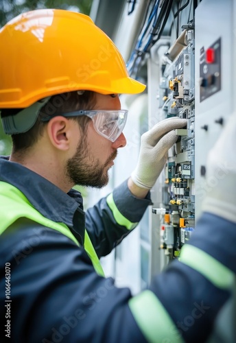 A close-up of a technician in safety gear inspecting equipment at a renewable energy power plant, such as wind turbines or solar panels, emphasizing innovation in sustainable energy.