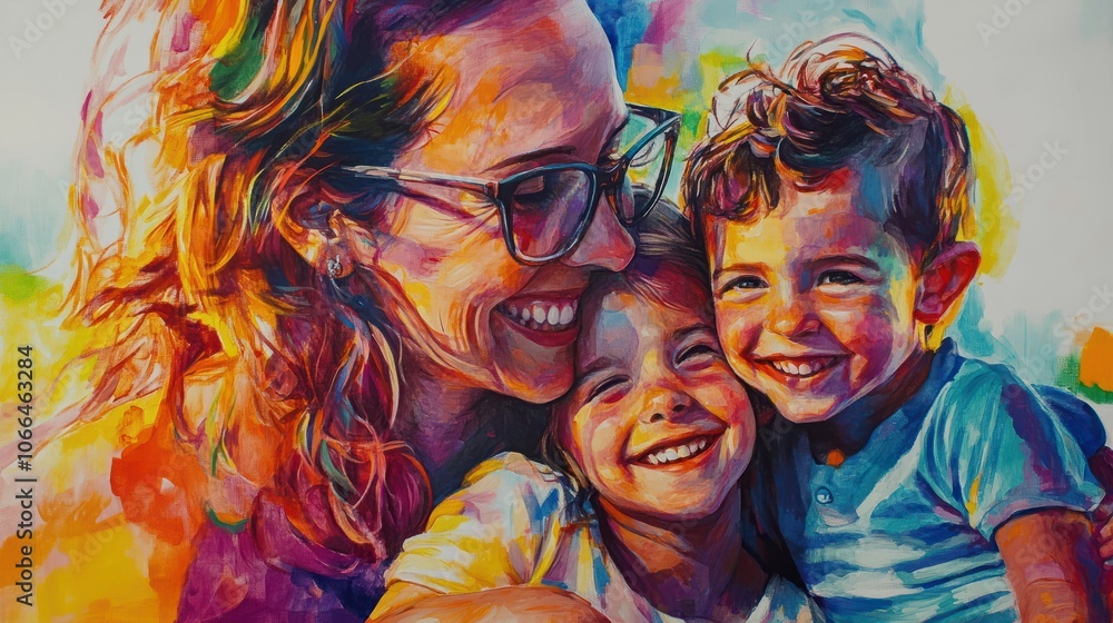 Obraz premium Familie zeigt bunte Zeichnung mit Eigenheim