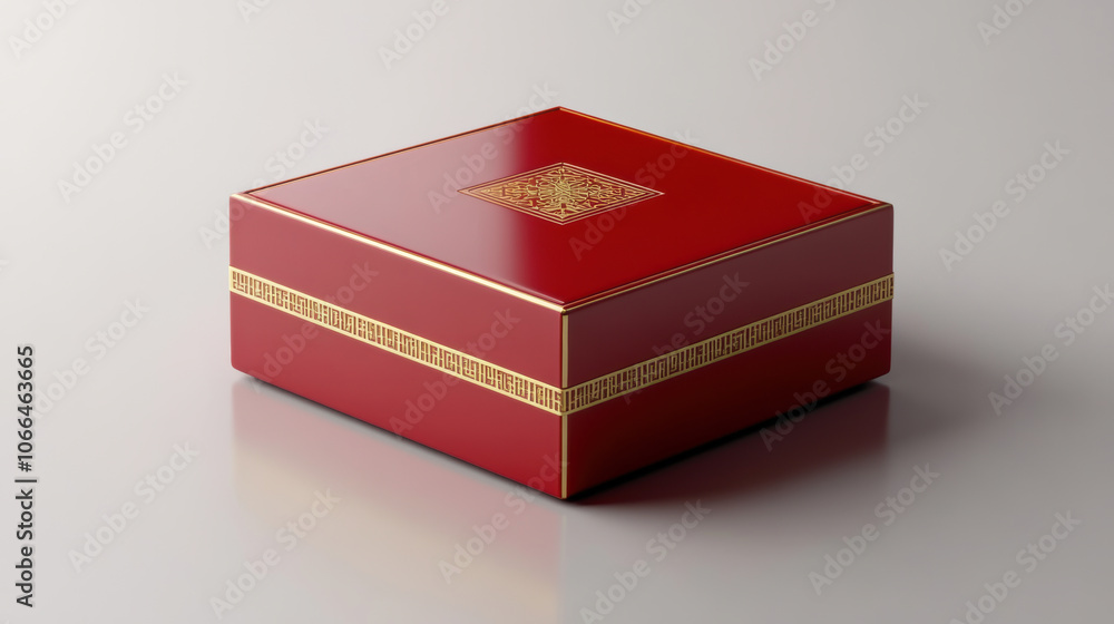 Glossy red box with golden logo reflecting light Glossy red box with golden logo reflecting light