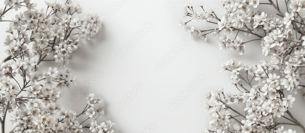 Blooming trees with small white flowers against a white wall backdrop offering copy space for text and product placement Blooming trees with small white flowers against a white wall backdrop offering copy space for text and product placement