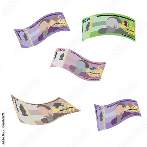 Angolan Kwanza Vector Illustration. Angola money set bundle banknotes. Falling, flying money  1000, 2000, 5000 AOA. Flat style. Isolated on white background. Simple minimal design