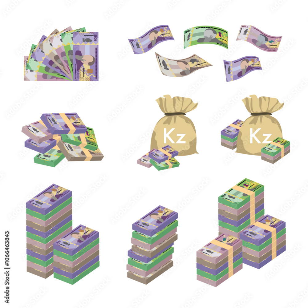 Angolan Kwanza Vector Illustration. Huge packs of Angola money set bundle banknotes. Bundle with cash bills. Deposit, wealth, accumulation and inheritance. Falling money AOA Angolan Kwanza Vector Illustration. Huge packs of Angola money set bundle banknotes. Bundle with cash bills. Deposit, wealth, accumulation and inheritance. Falling money AOA
