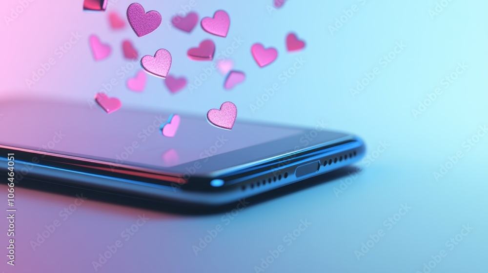Pink hearts floating above a smartphone symbolize online affection and engagement on social media platforms, highlighting the role of technology in expressing love and connection in the digital age Pink hearts floating above a smartphone symbolize online affection and engagement on social media platforms, highlighting the role of technology in expressing love and connection in the digital age