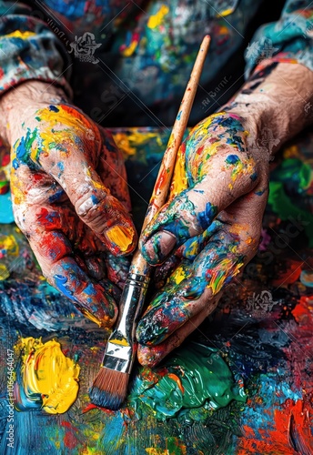 Wallpaper Mural A close-up of an artist's hands covered in paint, holding a brush poised over a canvas. Torontodigital.ca