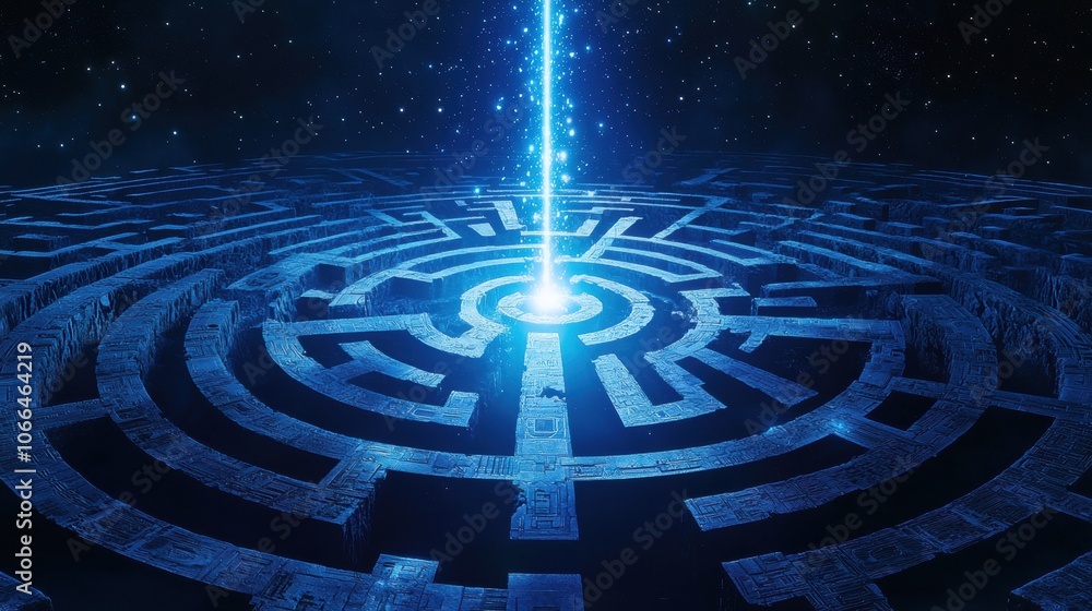 Mystical Maze with Radiant Blue Light Beam Mystical Maze with Radiant Blue Light Beam