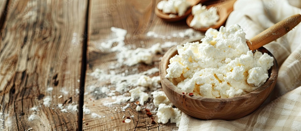 Naklejka premium Wooden table with delicious ricotta cream cheese displayed leaving room for text in the copy space image