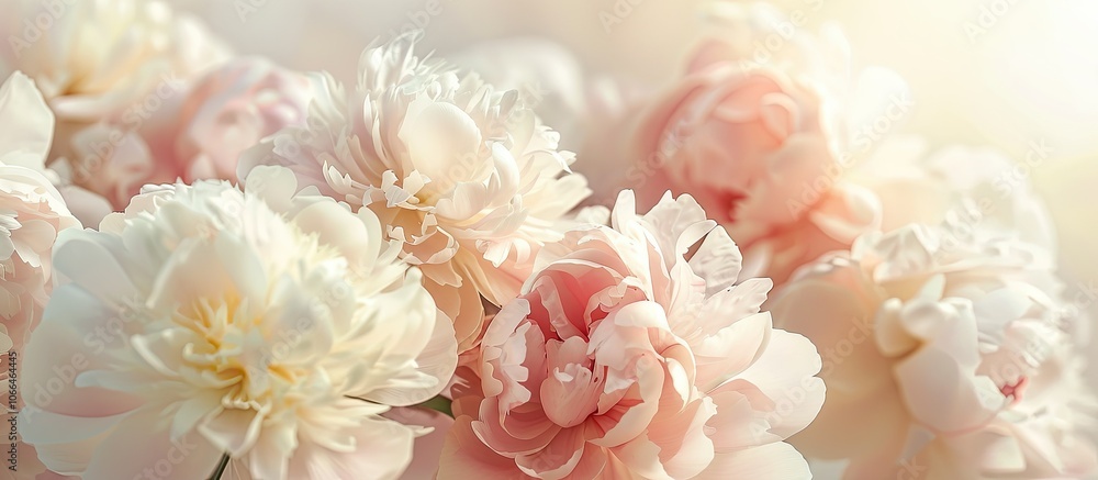 Pink and white peonies on a light background create a stunning image with plenty of copy space Pink and white peonies on a light background create a stunning image with plenty of copy space