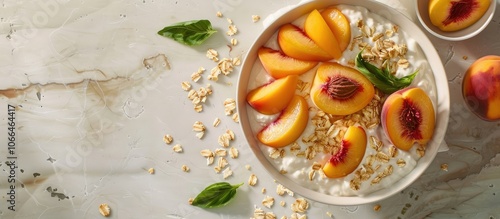 Wallpaper Mural Food photography of a delicious breakfast bowl featuring oats yogurt peach fruits creating an appealing flat lay with copy space image Torontodigital.ca