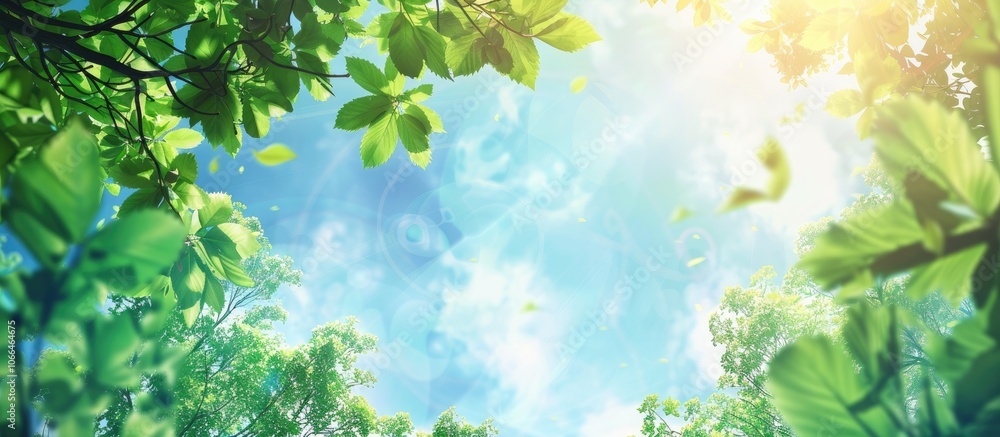 Summer forest landscape with green leaves against the blue sky and sun perfect for a copy space image Summer forest landscape with green leaves against the blue sky and sun perfect for a copy space image