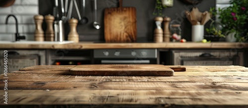 A rustic wooden table in the kitchen with an empty brown cutting board provides a natural background for food preparation offering ample copy space for a stylish design