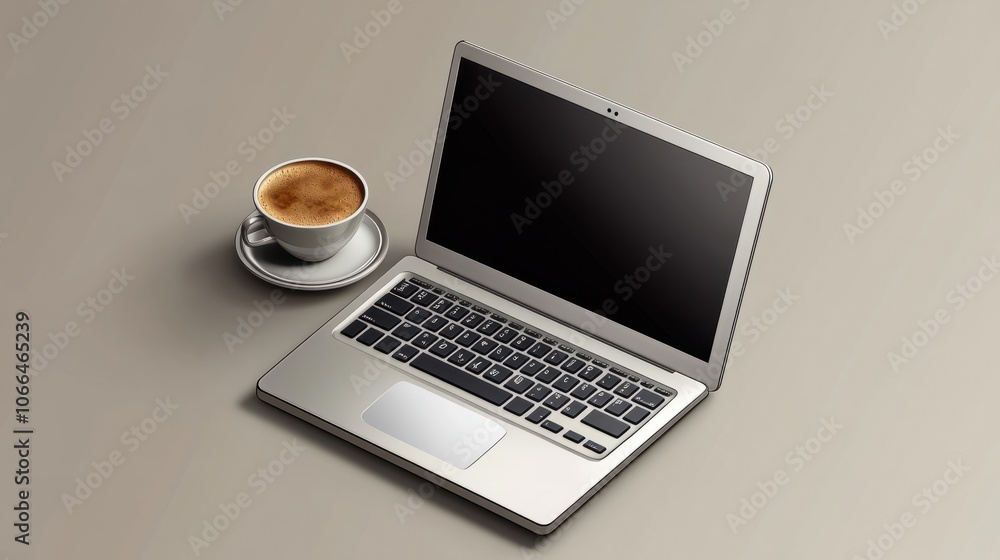 Laptop computer with a coffee cup from above Laptop computer with a coffee cup from above