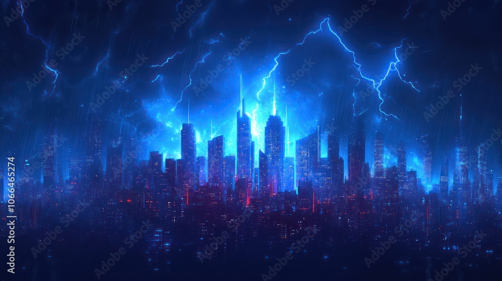 Fototapeta premium lightning bolt over city. Lightning flash bolt or thunderbolt