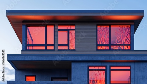 Wallpaper Mural Modern home at dusk with coral windows and mixed materials. Torontodigital.ca